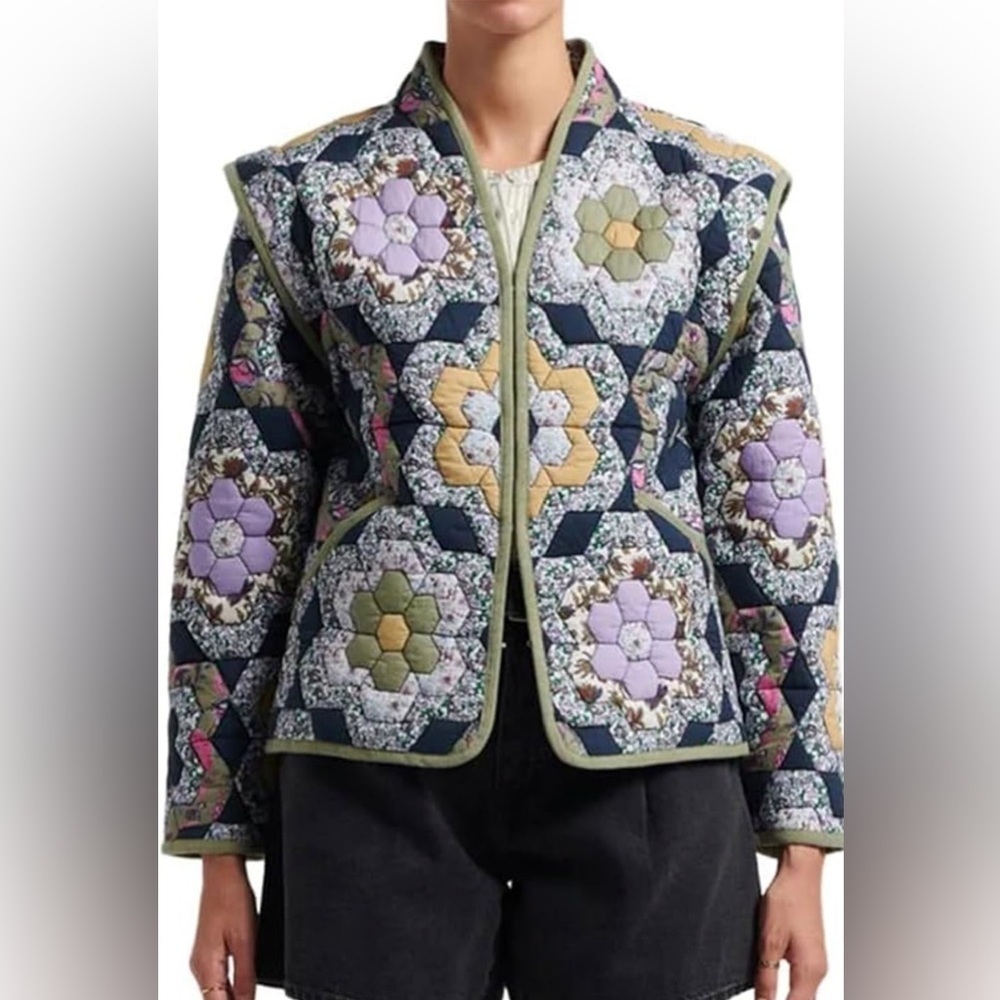 Cropped Puffer Quilted Jacket Vintage Floral Print Open Front Lightweight - Picture 3 of 9